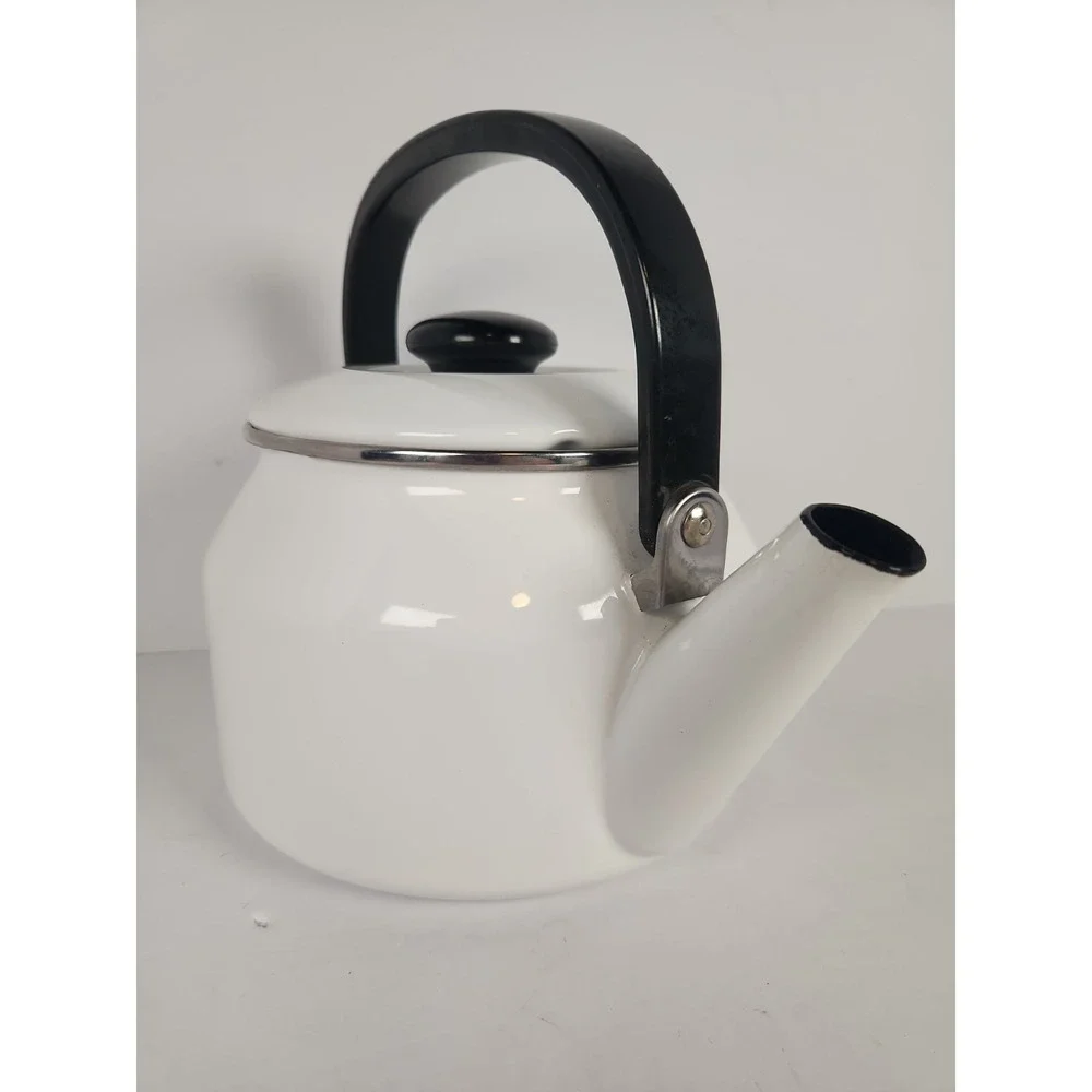 Vintage Siam Fuji Ware White Enamelware Tea Kettle 2 Qt Thailand Blue Interior